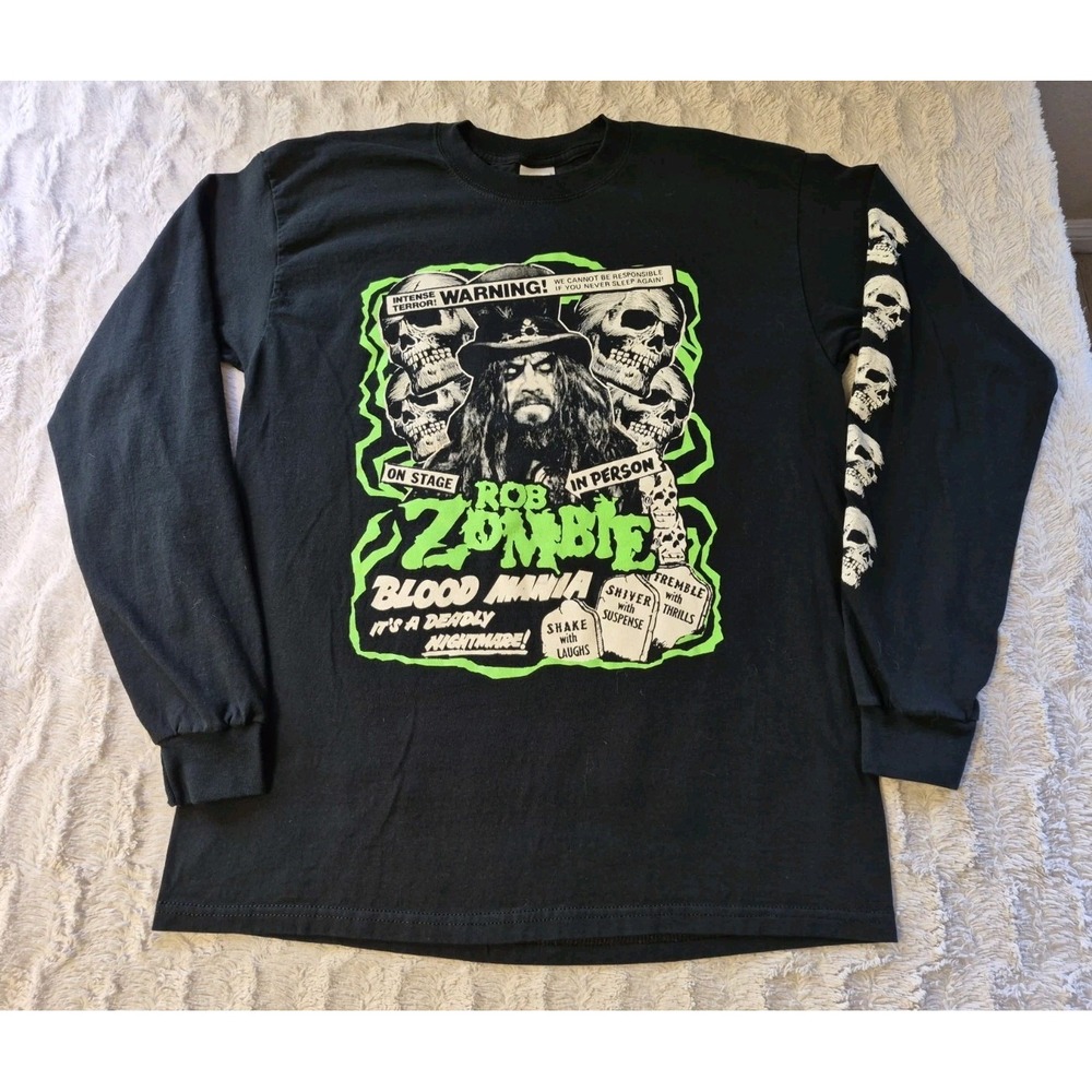 Vintage Rob Zombie Blood Mania T Shirt Men's Large Skull Black Long Sleeve Y2K